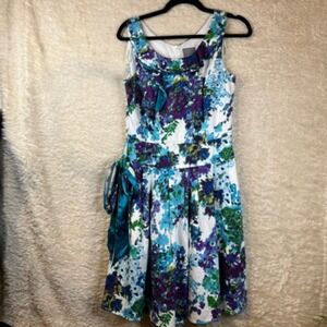 Rabbit Designs Womens A Line Dress Blue Floral Pleated Scoop Neck Sleeveless‎ 10